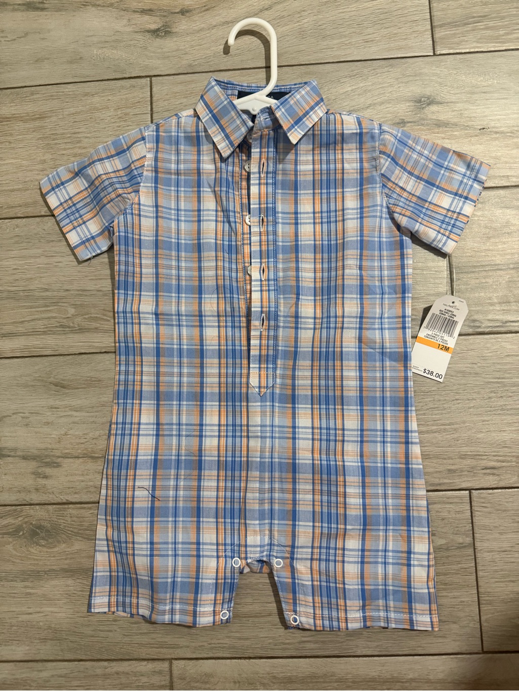 Bnwt Blue And Tan Plaid Short-Sleeve Baby Romper